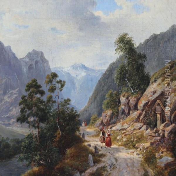 Mountain Road With People By A Road Altar Oil Painting - Johann-Hermann Carmiencke