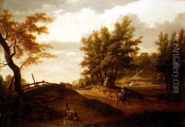 A wooded landscape with a waggon and peasants travelling on a road, a washerwoman at a pond and a farm beyond Oil Painting - Hendrik Willem Schweickardt