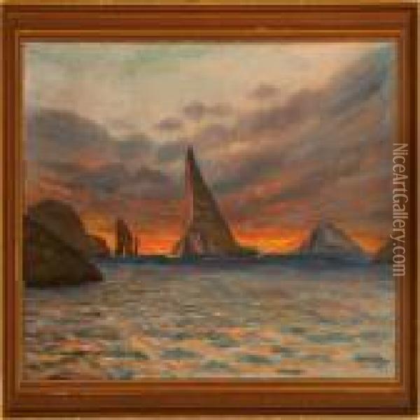 Sunset Above The Faroe Islands Oil Painting - Joen Waagstein