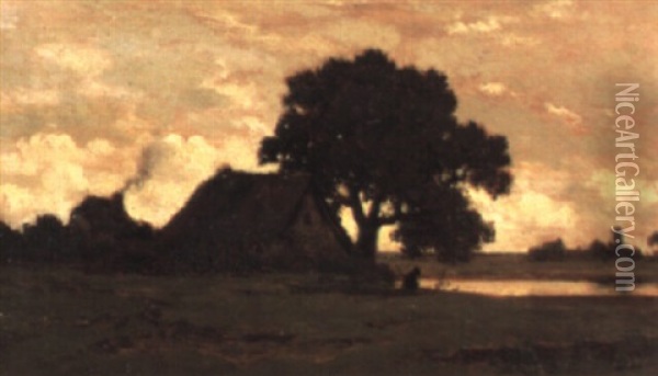 Farmhouse At Twilight Oil Painting - Theodore Rousseau