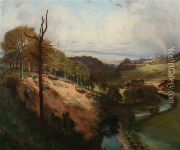 The Almond, Near Newbridge (spring Landscape With Rainbow) Oil Painting - Thomas Bromley Blacklock