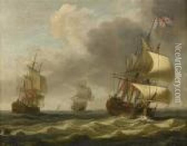Men-o-war In Choppy Seas Oil Painting - Charles Brooking