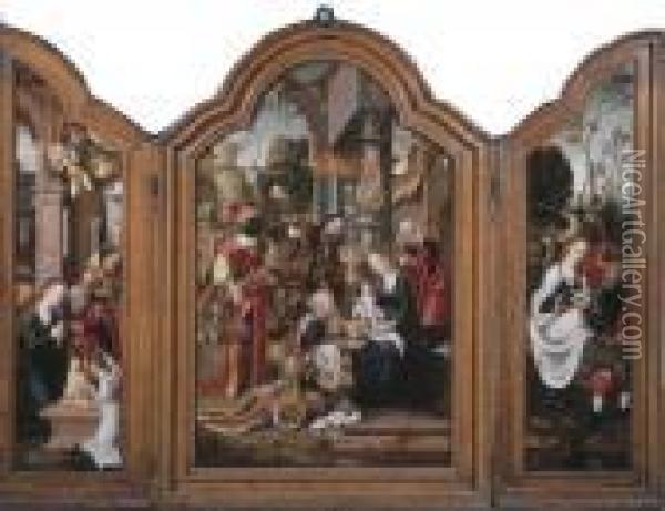 A Triptych: Central Panel: The 
Adoration Of The Magi; Left Wing:the Nativity; Right Wing: The Flight 
Into Egypt Oil Painting - Pieter Coecke Van Aelst