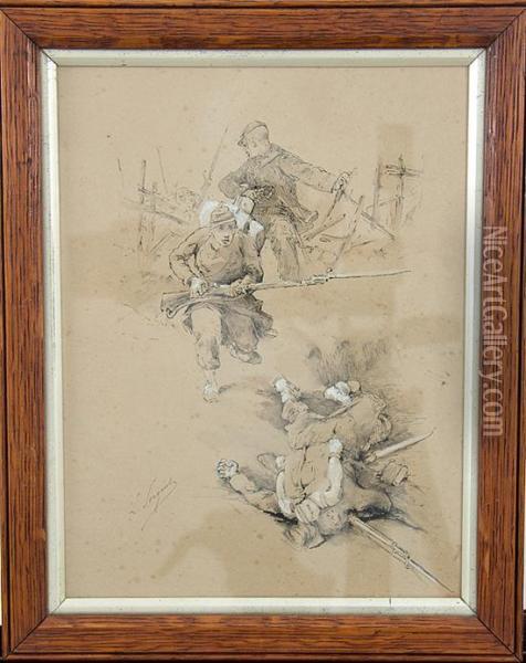 Study Of Franco Prussian War Military Figures Oil Painting - Lucien Pierre Sergent