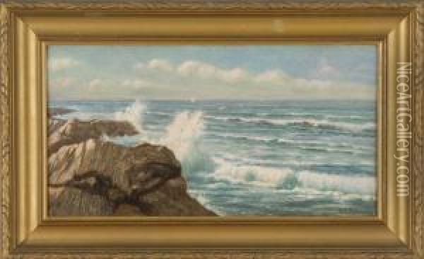 Seascape With Rocky Coastline And Distant Sailboats Oil Painting - William T. Robinson