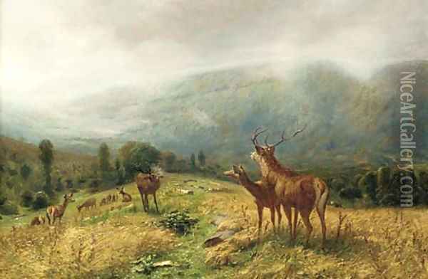Stags in an extensive landscape Oil Painting - Ludwig Gustav Voltz