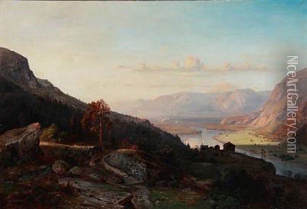 View From The Mountains Into Sunlit Valley Oil Painting - Christian Delphin Wexelsen