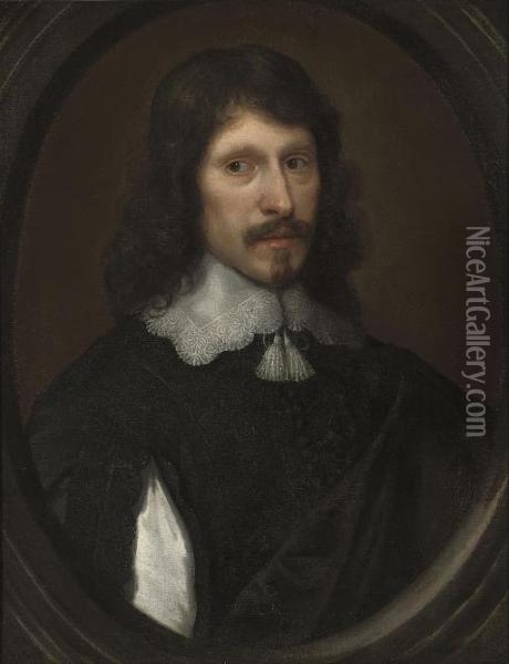 Portrait Of A Gentleman, 
Bust-length, In A Black Doublet With Slashed Sleeves And A Black Cloak, 
In A Feigned Oval Oil Painting - Cornelius Jonson