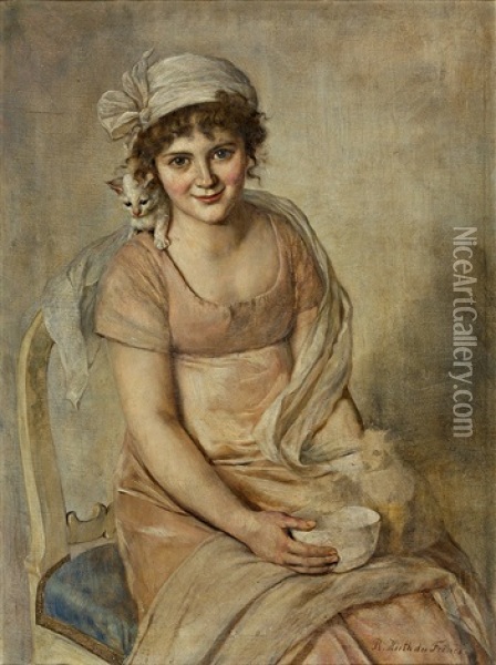 Portrait Einer Reizenden Jungen Frau Mit Katzchen Oil Painting - Rudolf Hirth Du Frenes