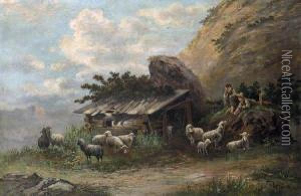 Young Shepherds In A Mountain Landscape Oil Painting - Frederick Von Luerzer