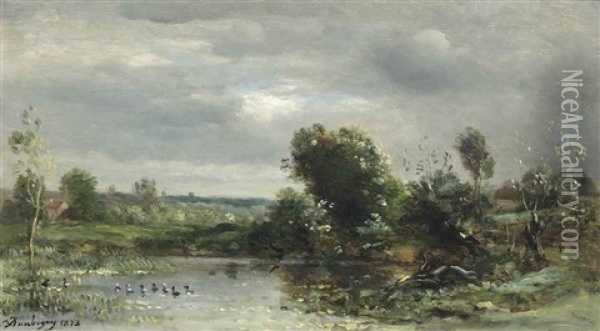 Ducklings On A Lake Oil Painting - Charles Francois Daubigny