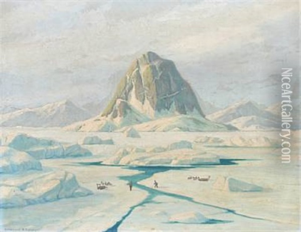 Greenlandic Landscape From Umanak With Sealers On The Ice Oil Painting - Emanuel A. Petersen