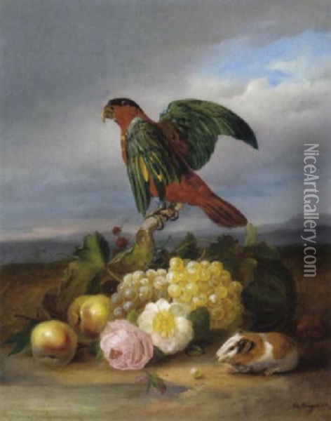 Stilleben Mit Trauben, Apfel, Rosen, Meerschweinschen Und Papagei Oil Painting - Eduard Wuger