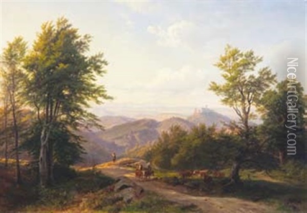 Shepherd Herding Cattle Over Mountain Pass Oil Painting - Carl Maria Nicolaus Hummel