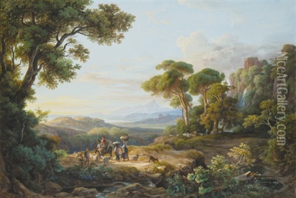 Italian Landscape With Figures-50 Oil Painting - Karoly Marko the Elder