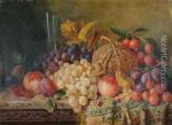 A Still Life Of Fruit And A Glass Of Wine On A Ledge. Oil Painting - Edward Ladell