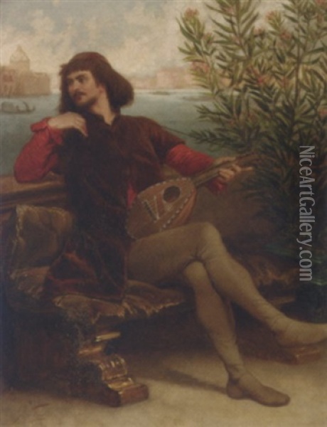 A Venetian Musician Looking Out Over A Balcony Oil Painting - Louis J. Lebrun