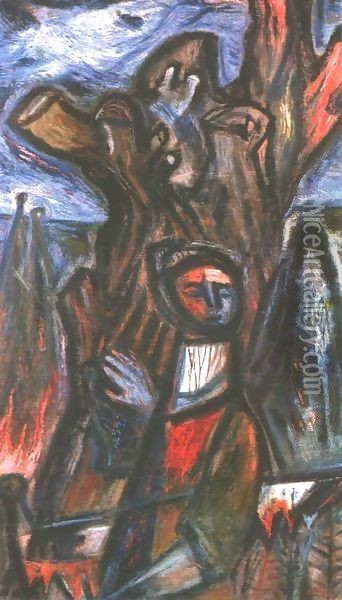 Dark Times IX (Angel with Truncated Tree) 1944 Oil Painting - Gyula Hincz