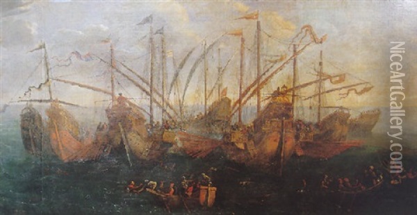 Combat Naval Oil Painting - Giacomo di Castro