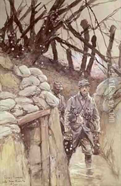 Infantrymen in a Trench Oil Painting - Francois Flameng
