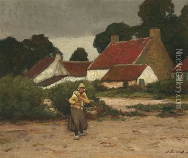 Bauerin Vor Einem Flandrischen Gehoft Oil Painting - Eugen Kampf