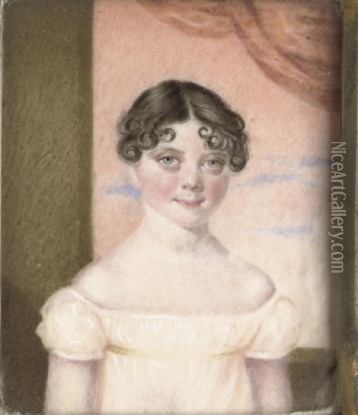 Miss Mary Jane V., In Off The Shoulder White Dress With Yellow Sash Oil Painting - William Reynolds Stephens