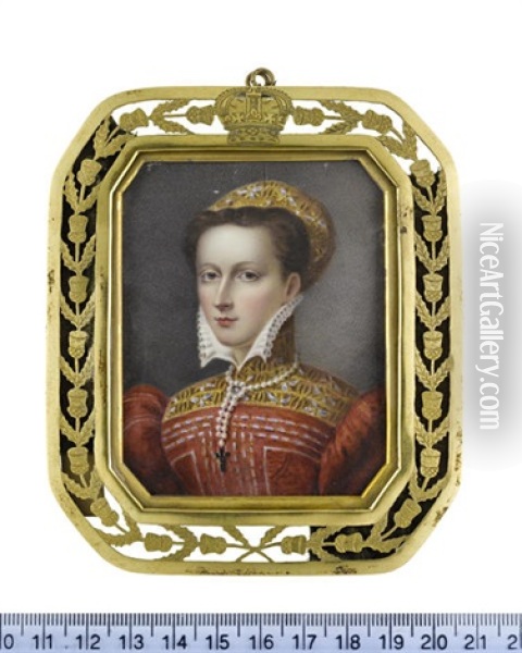 Mary Stuart, Queen Of Scotland, Queen Consort Of France, Wearing Red Dress With Standing Collar Which Frames The High White Ruff Collar Of Her Chemise... Oil Painting - Denis Brownell Murphy