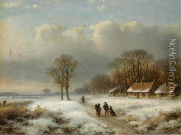 Figures In A Winter Landscape Oil Painting - Lodewijk Johannes Kleijn