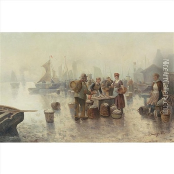 The Fishmarket Oil Painting - Adolf (Constantin) Baumgartner-Stoiloff