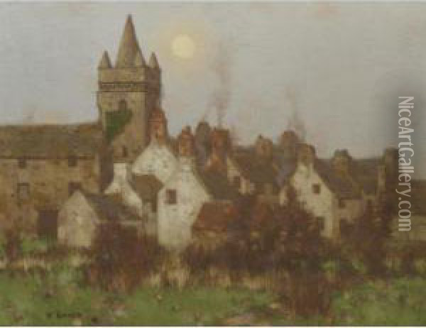 View Of The Tolbooth, Kirkcudbright, Under A Full Moon Oil Painting - David Gauld