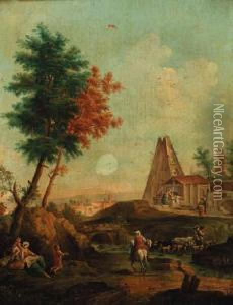 An Italianate Landscape With Shepherds Oil Painting - Gianbattista Cimaroli