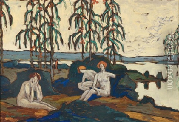 Trois Baigneuses Dans Un Paysage Lacustre, Circa 1920 Oil Painting - Eugene Brouillard