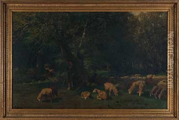 Schafer Mit Herde Im Schatten Des Waldes Oil Painting - Christian (Johann Christian) Kroener
