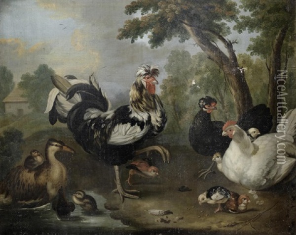 A Peacock And Other Fowl In A Classical Garden; And A Cock, Ducks And Other Fowl In A Landscape (2) Oil Painting - Marmaduke Cradock