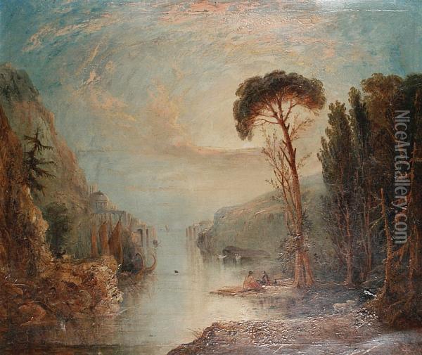 A River Landscape At Sunset With Figures In The Foreground Oil Painting - Frederick Lee Bridell