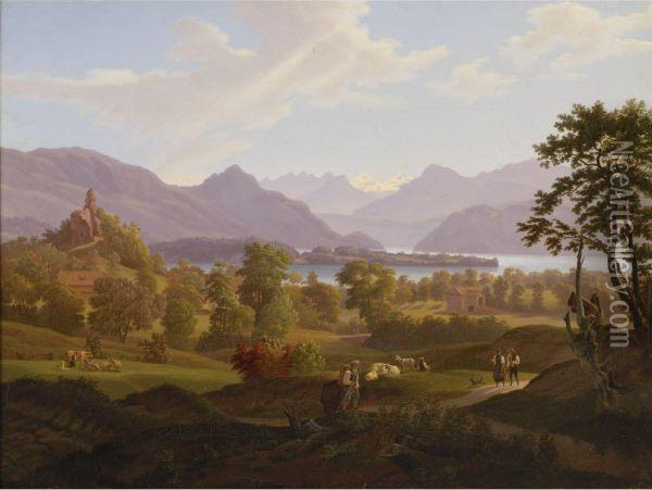 View Of Meggen With The Ruin Of Neu-habsburg Oil Painting - Salomon Brunner