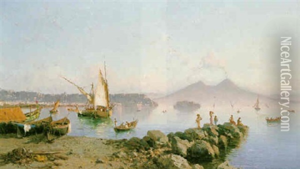 View Of The Bay Of Naples With Figures On A Rocky Outcrop Oil Painting - Alessandro la Volpe