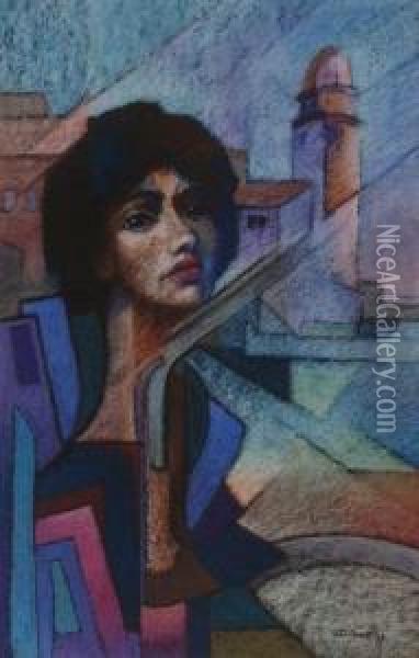 A Portrait Of A Lady In A Modernist Style At Collioure Oil Painting - John Douglas Scott