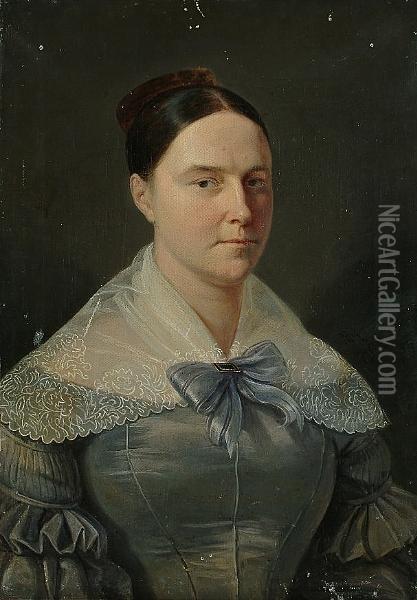 Portrait Of A Lady Wearing A Pale Blue Dress With A Lace Collar Oil Painting - Johann Hermann Kretzschmer