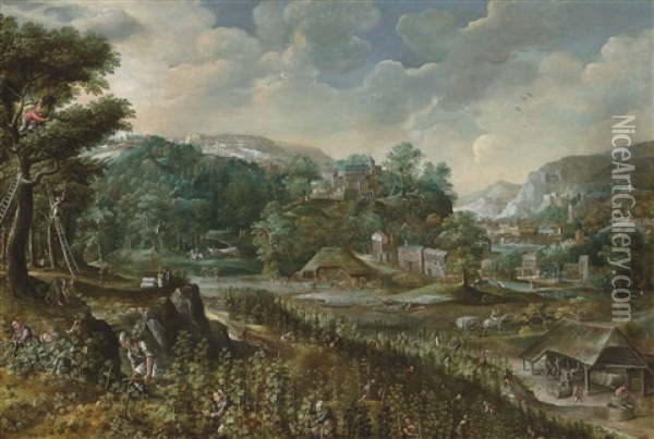 Allegory Of Summer(?): An Extensive Landscape With Peasants Harvesting Grapes And Wine-making, A Village Beyond Oil Painting - Marten van Valkenborch the Elder