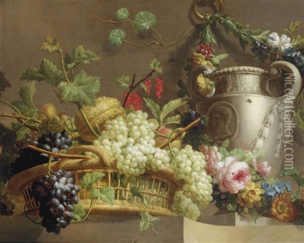 Red And White Grapes, A Melon, Red Currants And Peaches In A Wicker Basket With A Stone Vase Surrounded By A Floral Garland, All On A Stone Ledge Oil Painting - Pieter Faes