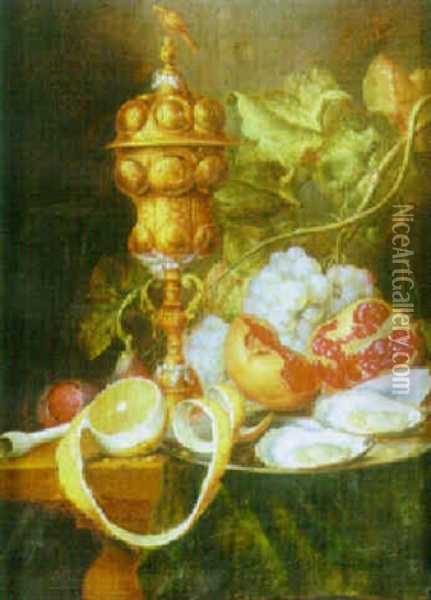 Still Life Of Grapes, Oysters And Pomegranate On A Pewter Tazza Oil Painting - Cornelis De Heem