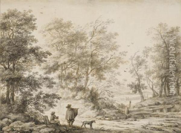 A Wooded Landscape With Two Men And A Dog Near A Road Oil Painting - Aernout Ter Himpel