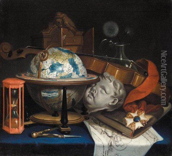 Still Life With A Globe, A Violin, Hourglass, And An Order Oil Painting - Simon Renard De Saint-Andre