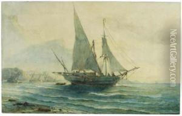 A Sailing Ship At Anchor By A Beach Near Gibraltar Oil Painting - W.A. van Deventer