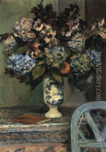 Hydrangeas In A Blue Vase Oil Painting - Jacques-Emile Blanche