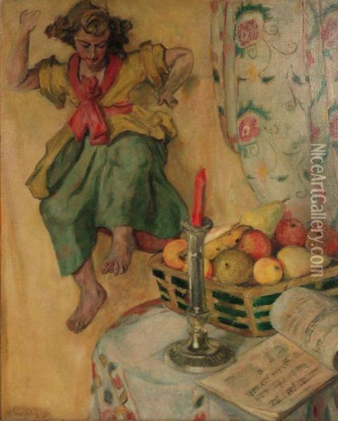 Engel Und Stilleben Mit Fruchten, Noten Und Kerze Oil Painting - Eduard (david) Einschlag
