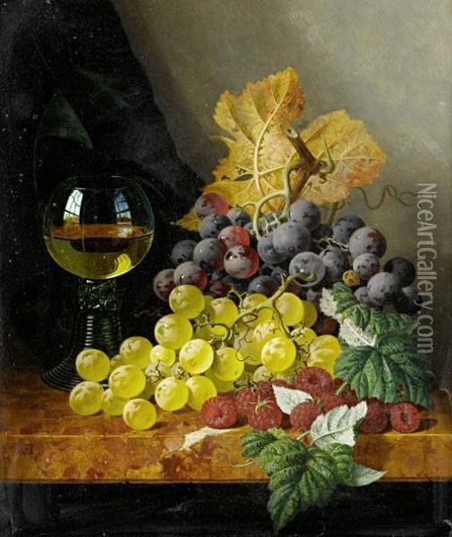 Still Life With Fruit And A Glass On A Marble Ledge Oil Painting - Edward Ladell