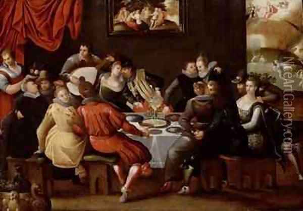 Elegant Figures Feasting and Disporting at a Table with the Last Judgement in the Background Oil Painting - Hieronymus II Francken