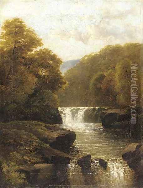 A waterfall in a wooded valley Oil Painting - John Brandon Smith